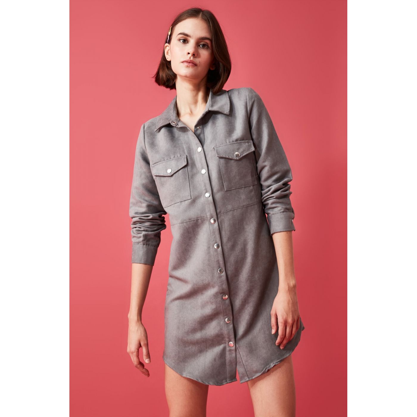 Trendyol Grey Suede Shirt Dress