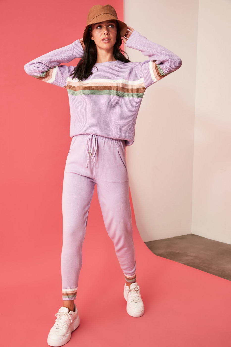 Trendyol Lila Striped 2-Line Knitwear Bottom-Top Suit