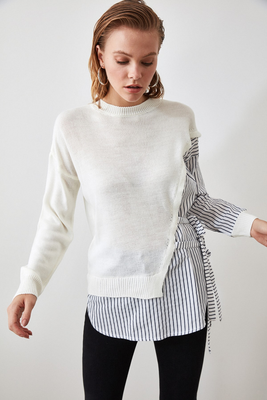 Trendyol Ekru Poplin Detailed Knit sweater