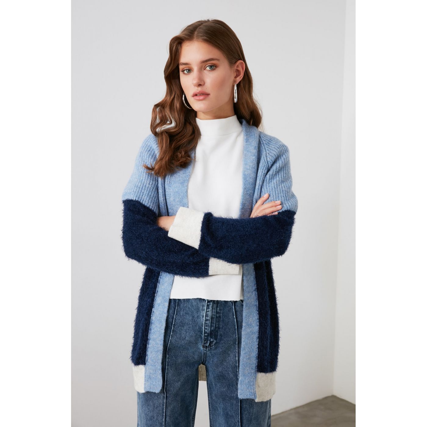 Trendyol Blue Block Beard Rope Knit Cardigan