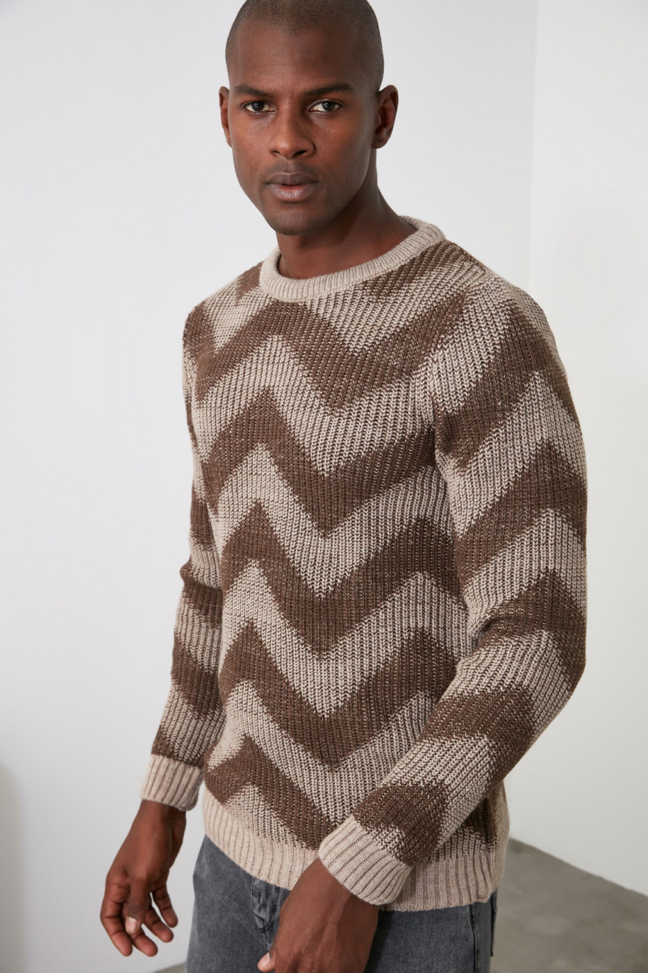 Trendyol Mink Men's Paneled Bicycle Collar Sweater