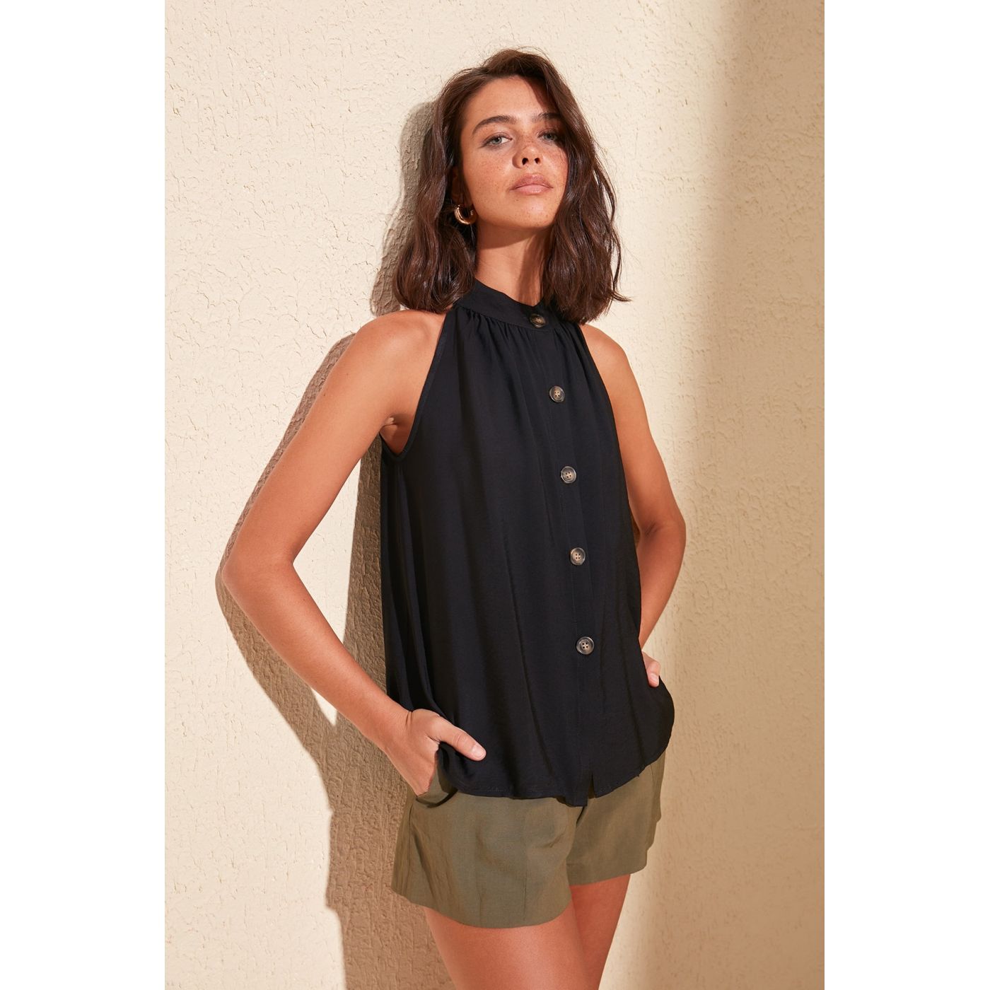 Trendyol Black Bone Button Detailed Blouse