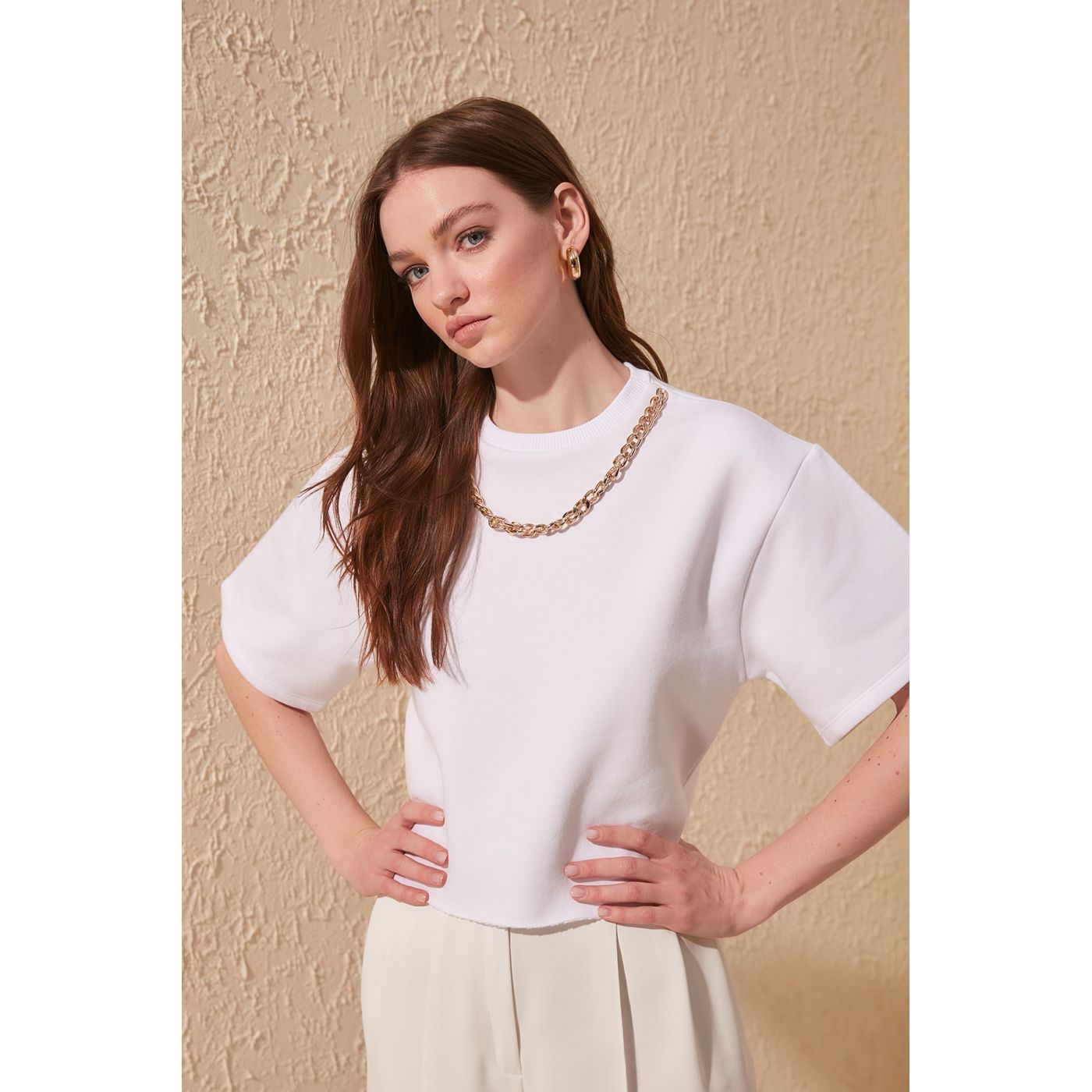 Trendyol White Chain Detailed Knitted Sweatshirt