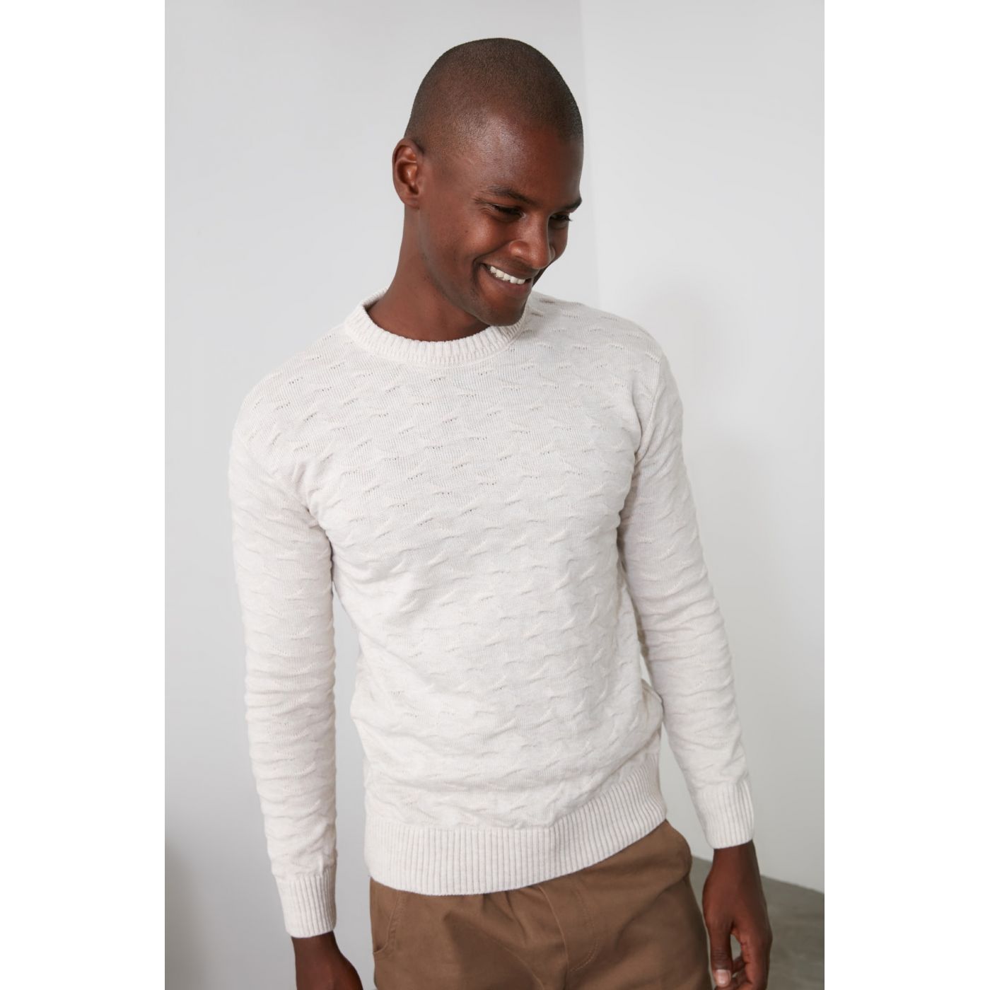 Trendyol Stone Men's Bicycle Collar Textured Knitwear Sweater