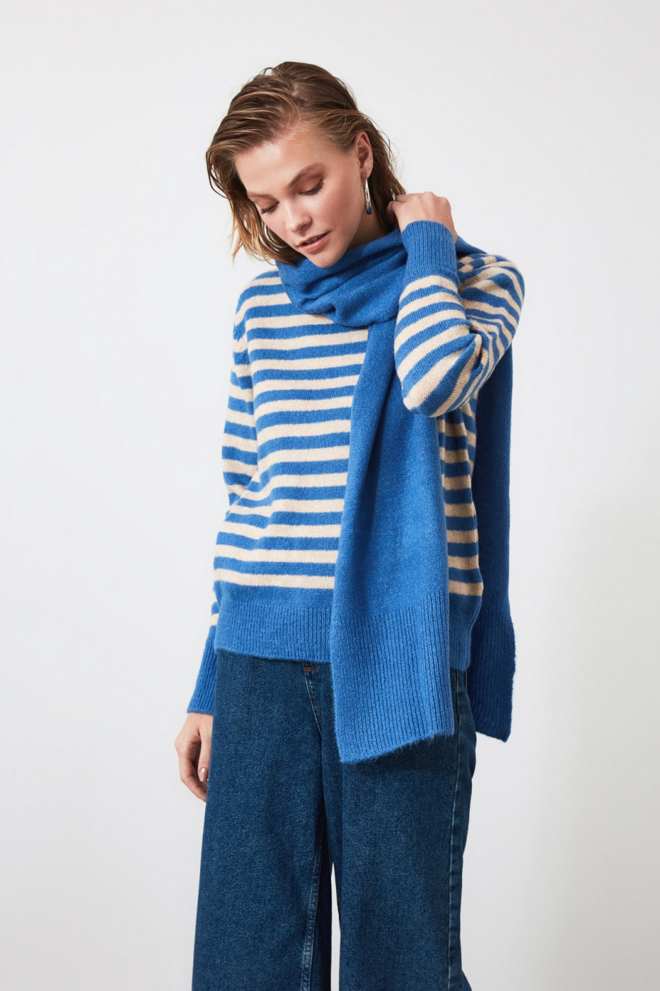 Trendyol Blue Striped Knit Wearer-Sweater Team