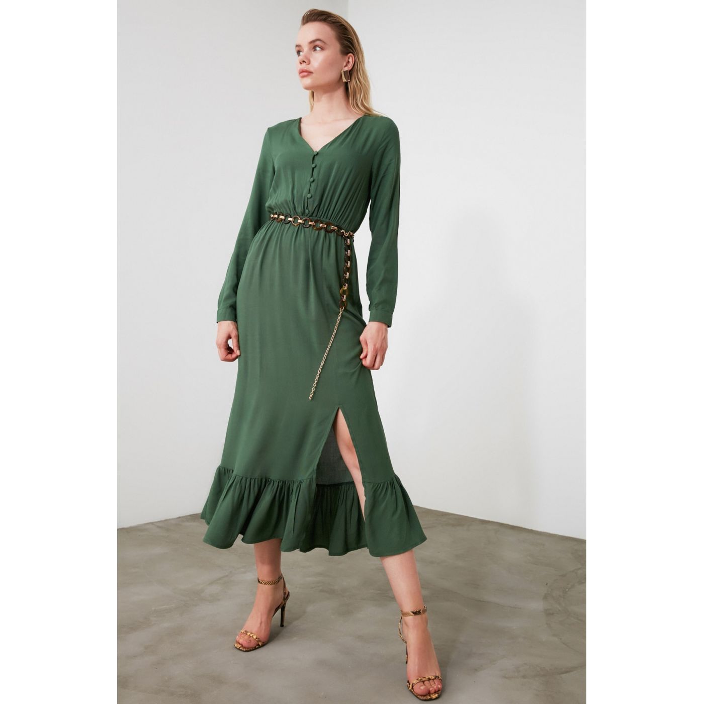 Trendyol Green Button Detailed Dress