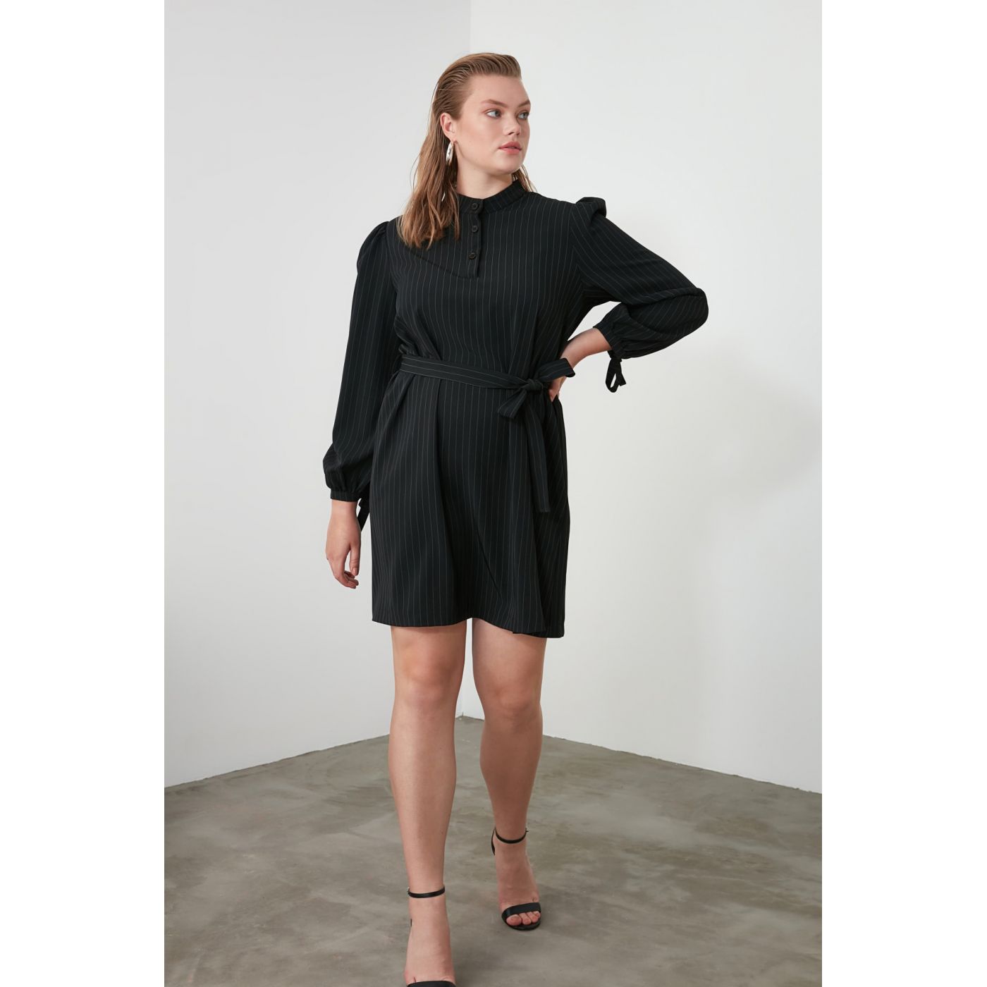 Trendyol Black BeltEd Sheer Neckline Dress