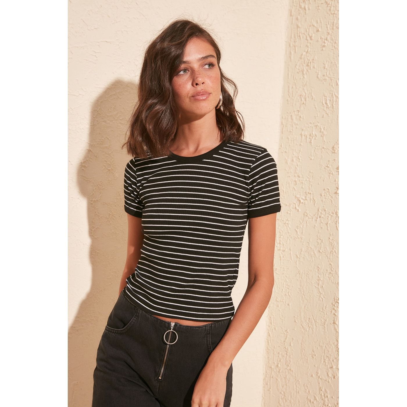 Trendyol Black Striped Fitilli Knitted Blouse