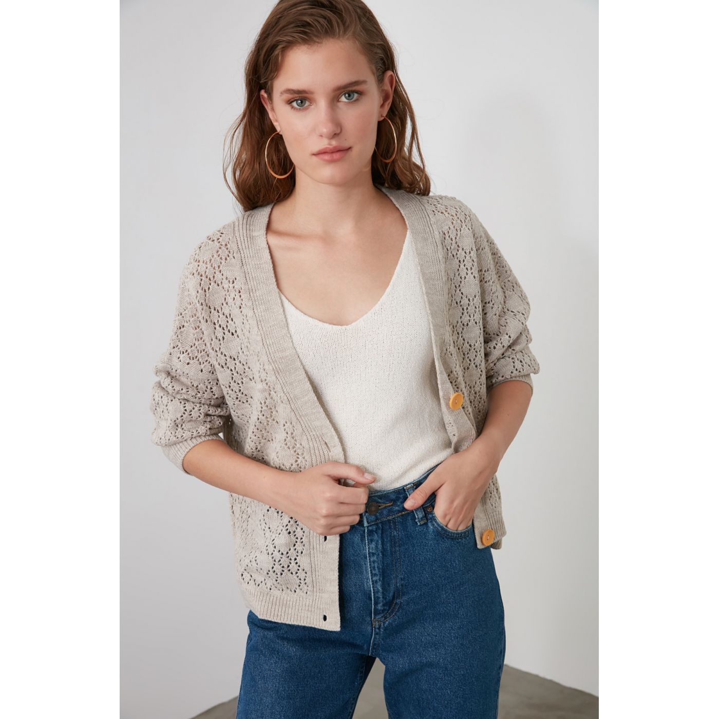 Trendyol Stone Heart Braided Knitwear Cardigan