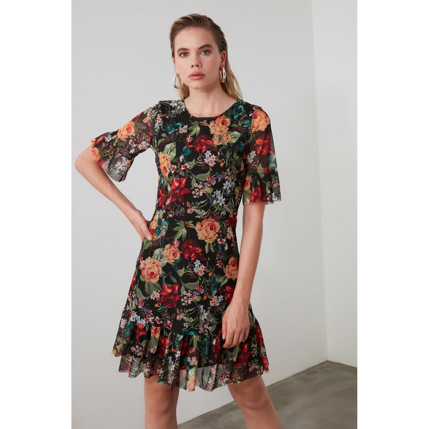Trendyol Multi-Color Patterned Tulle Mini Knitting Dress