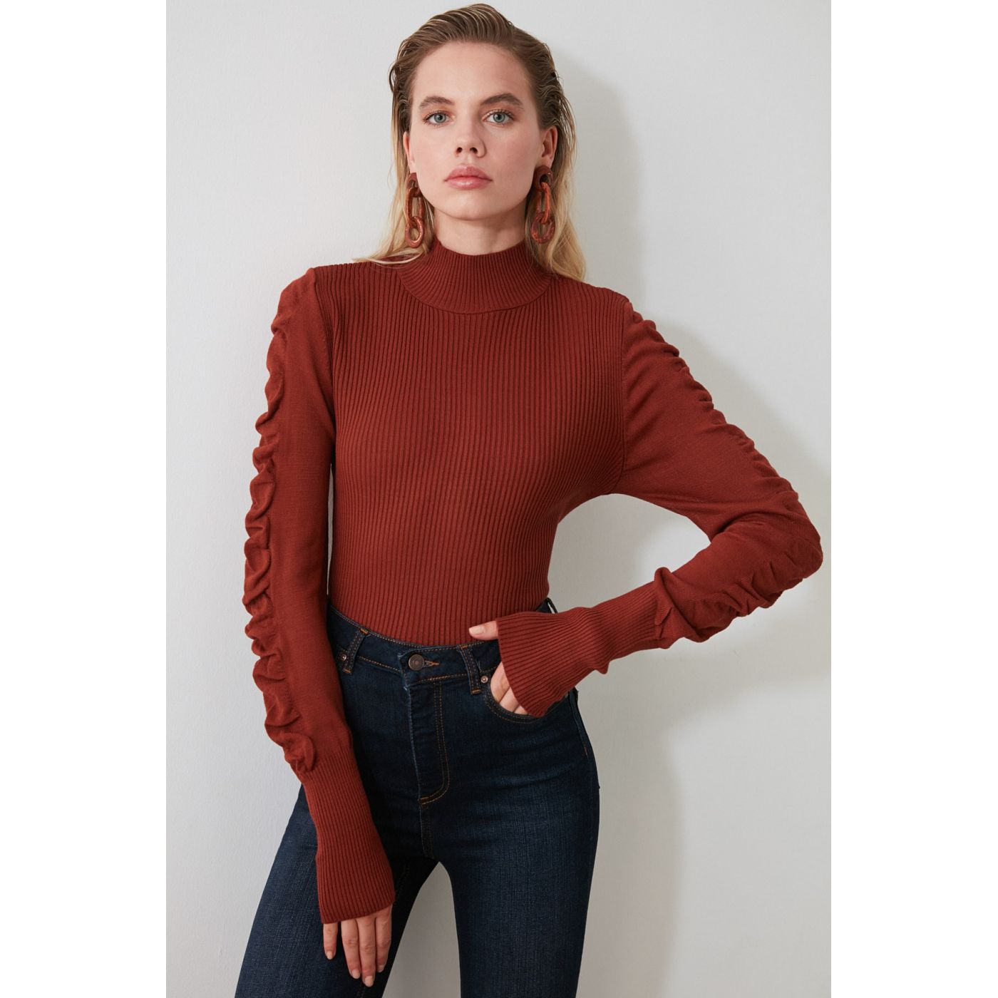 Trendyol Taba Handle Pile Knit Sweater