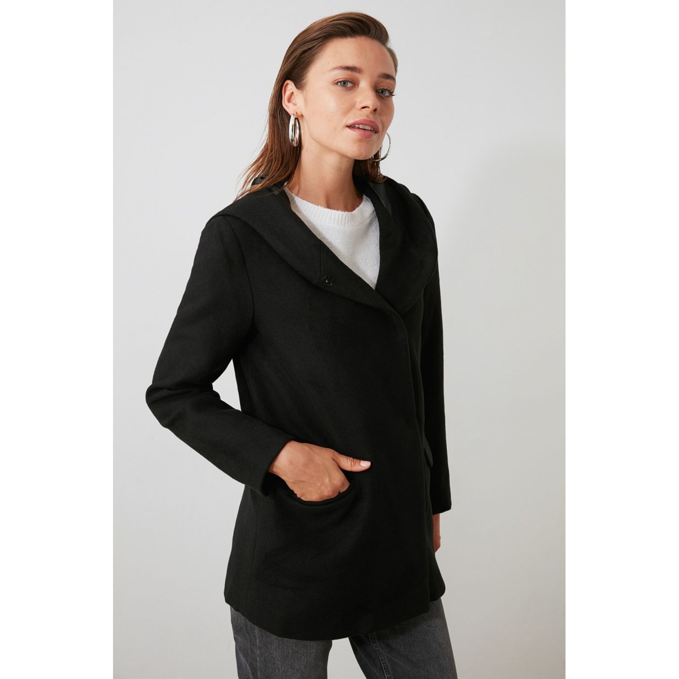 Trendyol Black Hooded Stamp Coat