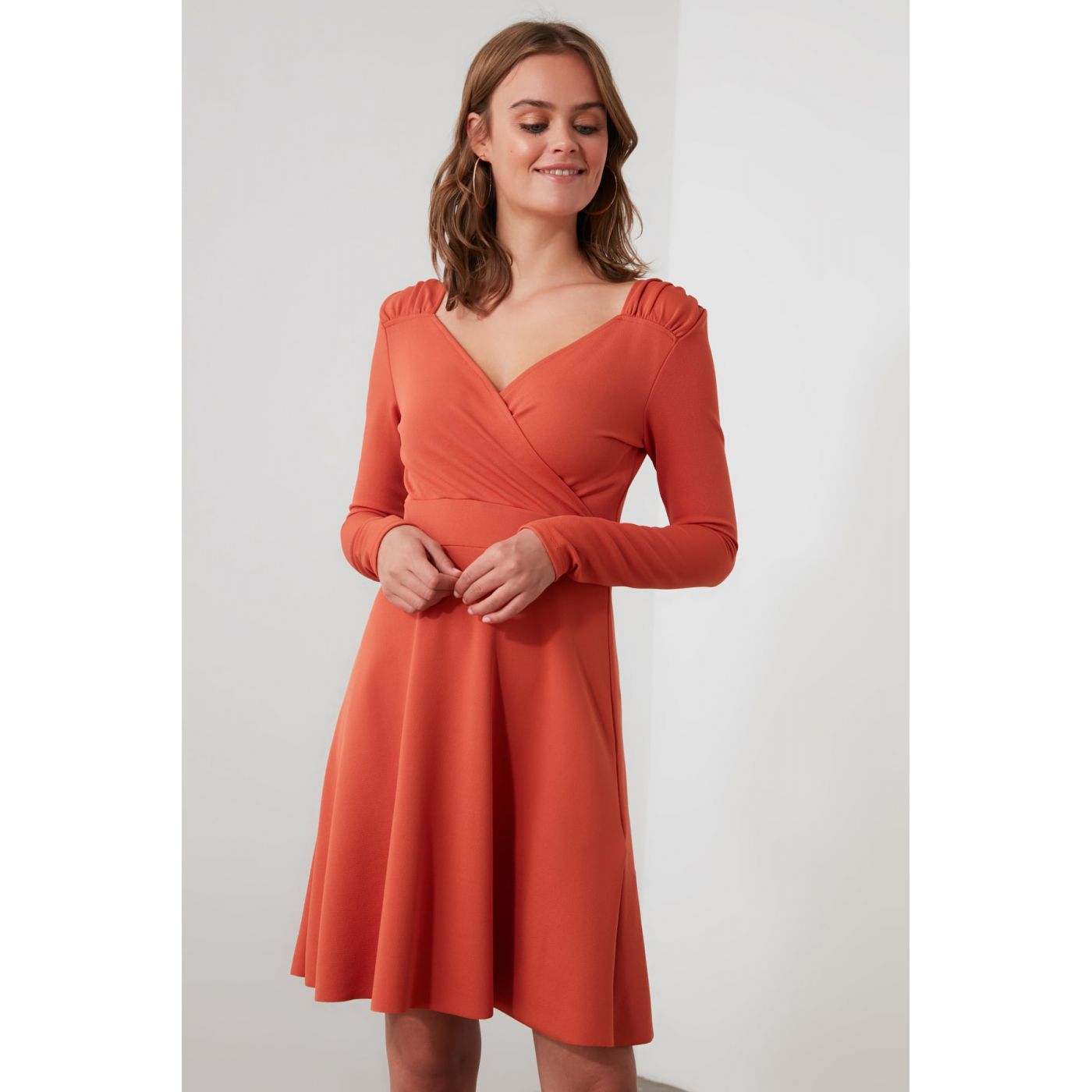 Trendyol Cinnamon V Neckline Mini Knitted Dress