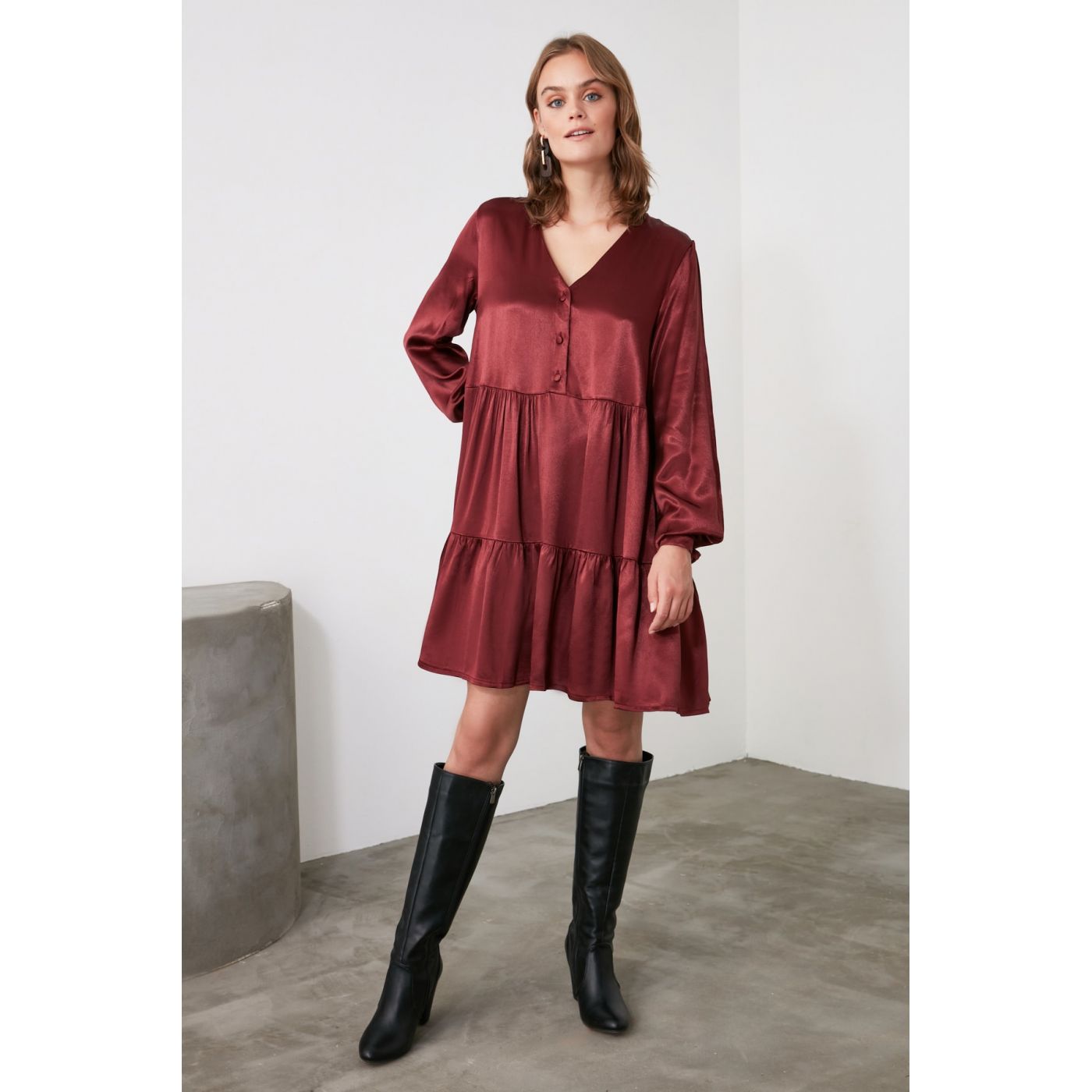Trendyol Burgundy Button Detailed Satin Dress