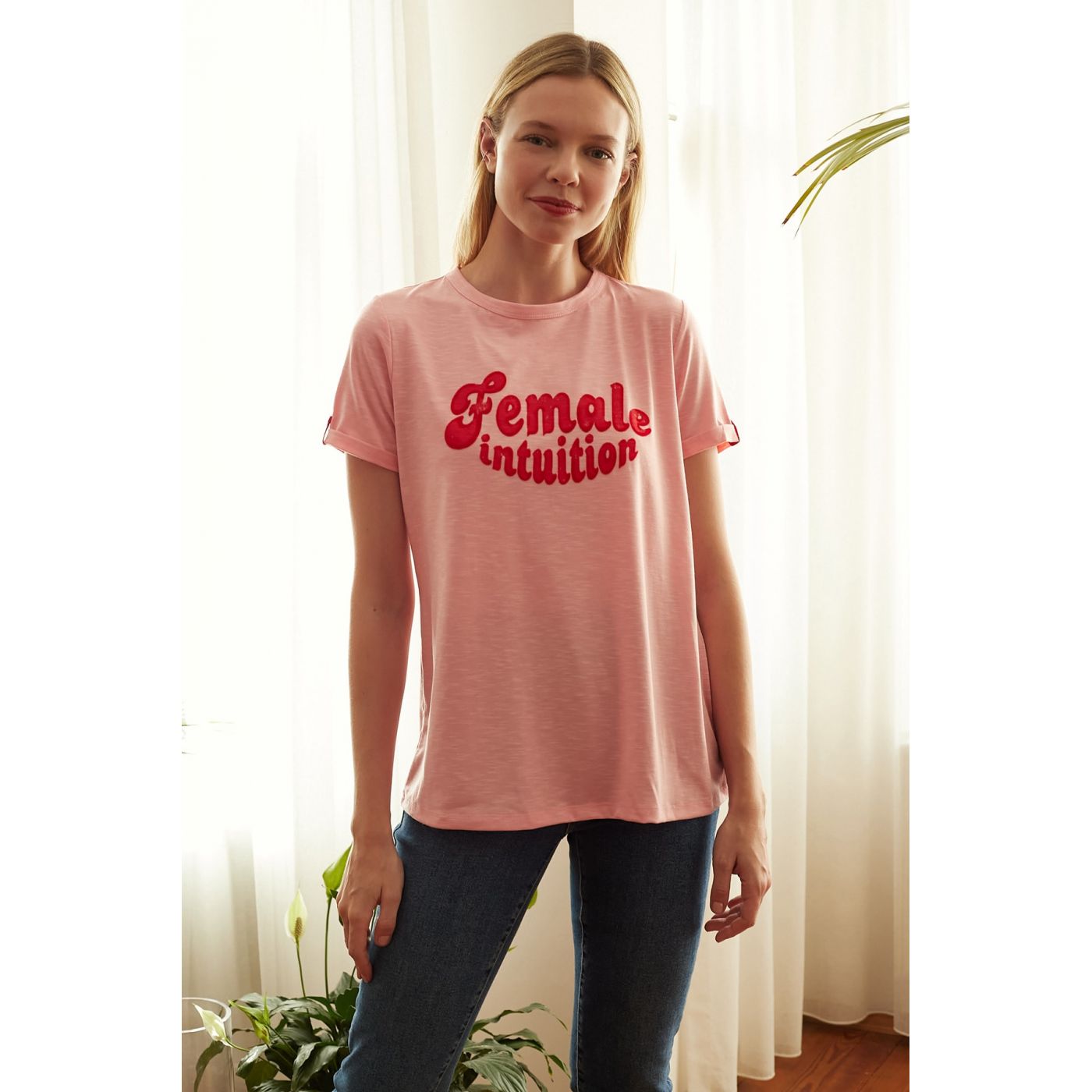 Trendyol Pink Printed Basic Knitted T-Shirt