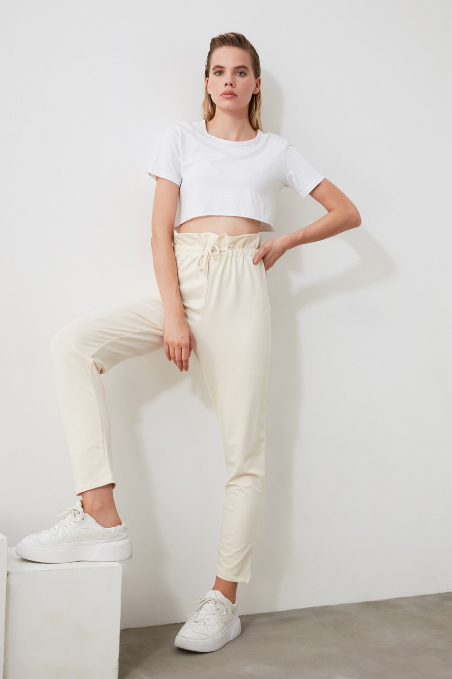 Trendyol White Paperbag Knitted Tracksuit bottom