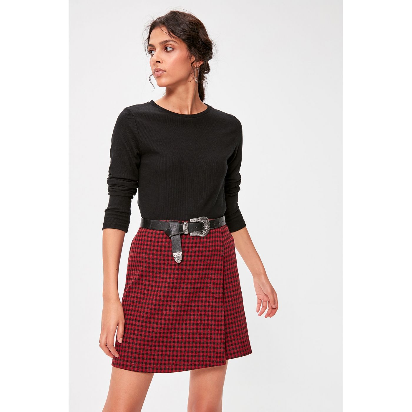 Trendyol Burgundy Pötikareli Knitted Skirt