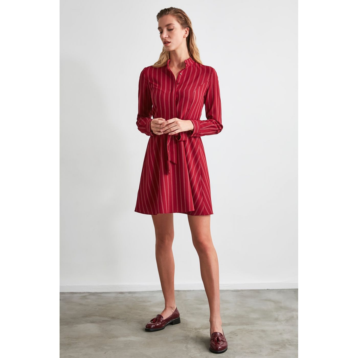 Trendyol Burgundy Belt Striped Dress