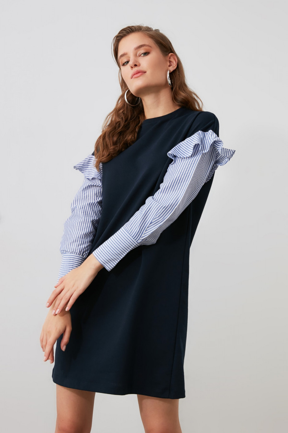 Trendyol Poplin Detailed Knitted Dress with Navy Sleeves Stripes