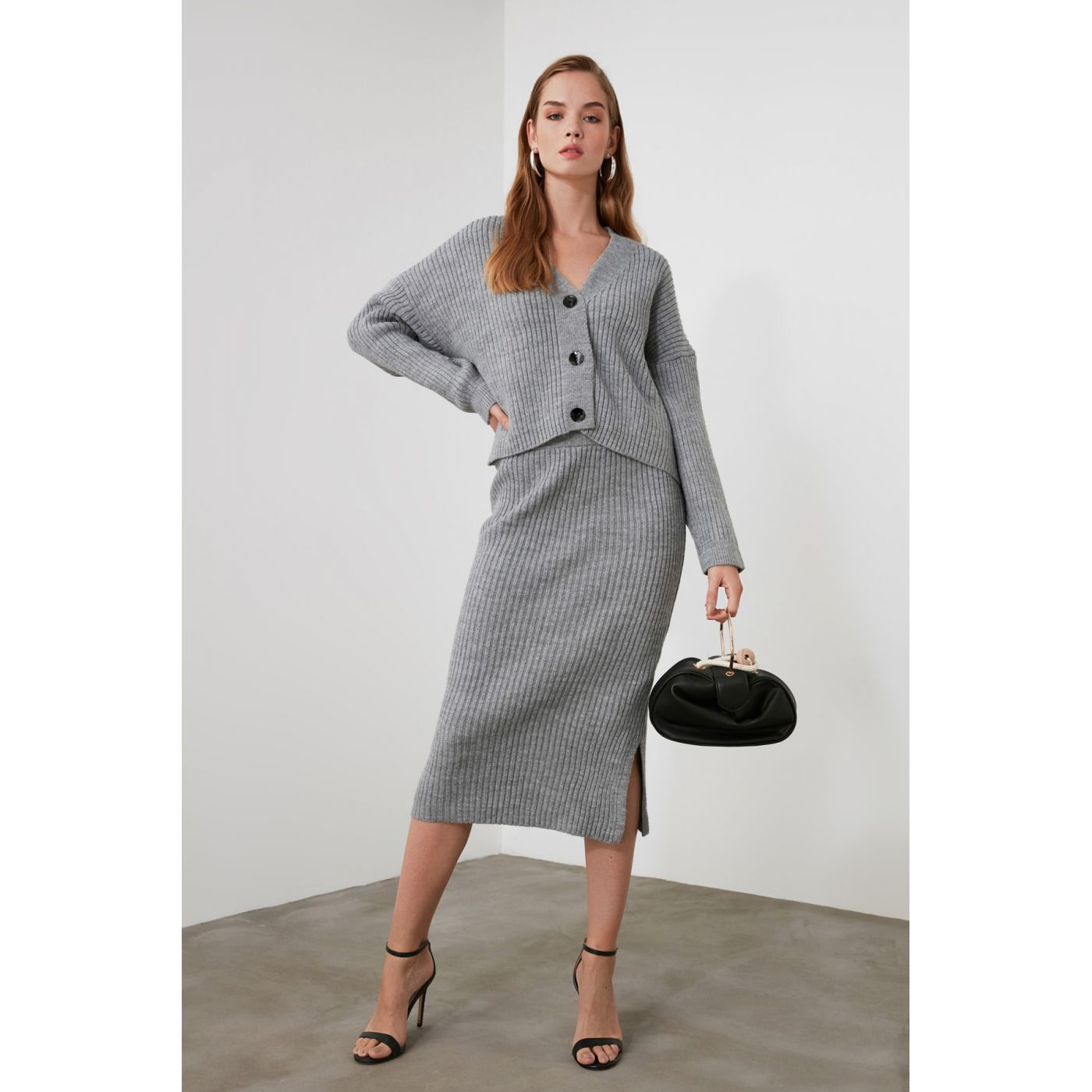 Trendyol Grey Button Detailed Knitwear Bottom-Top Suit