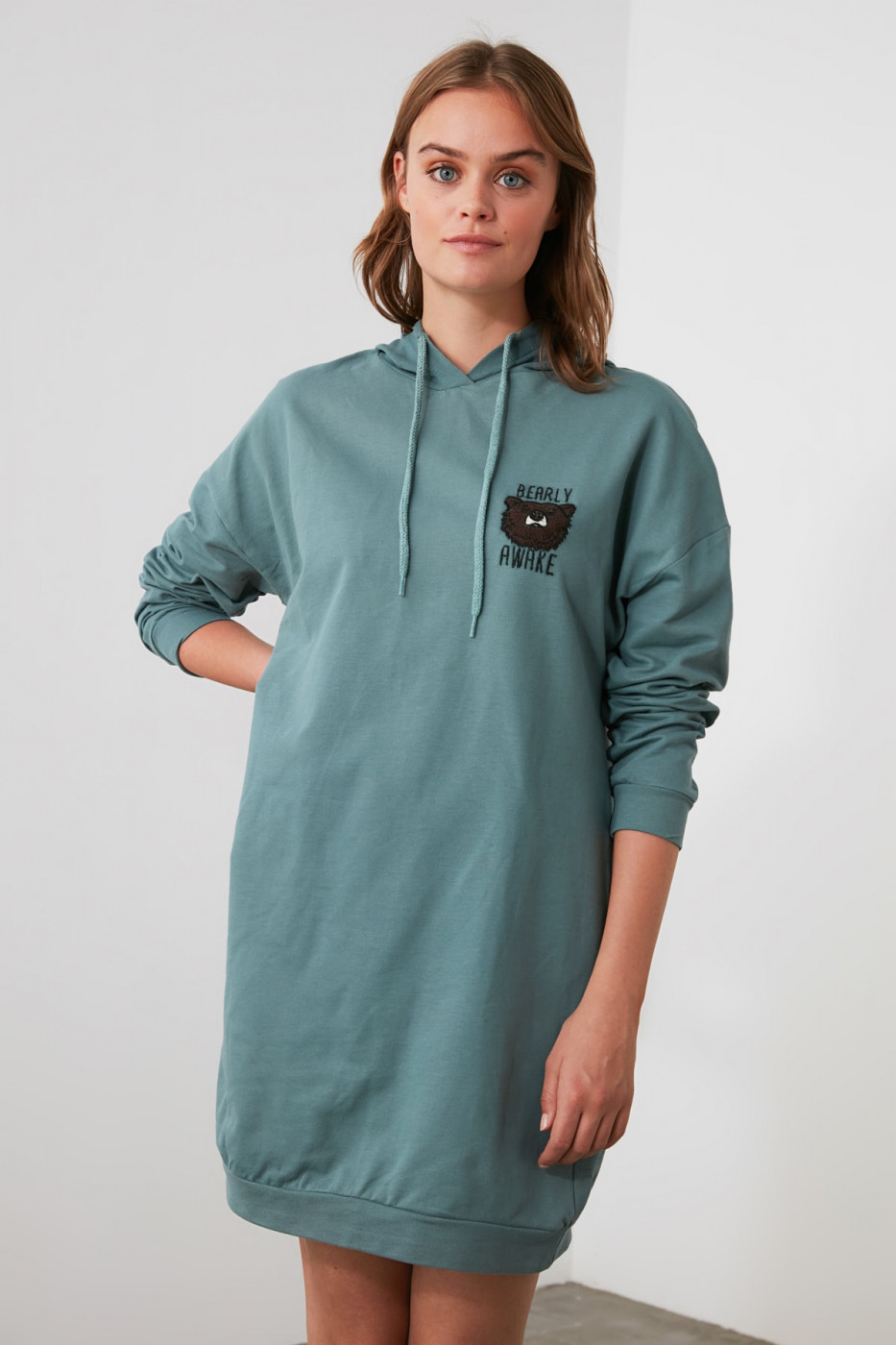 Trendyol Mint Embroidered Hooded Knitted Dress