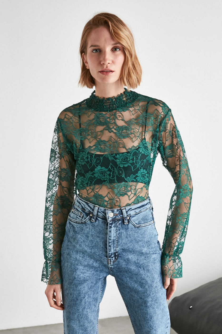 Trendyol Emerald Green Lacy Sheer Neckline Knitted Blouse
