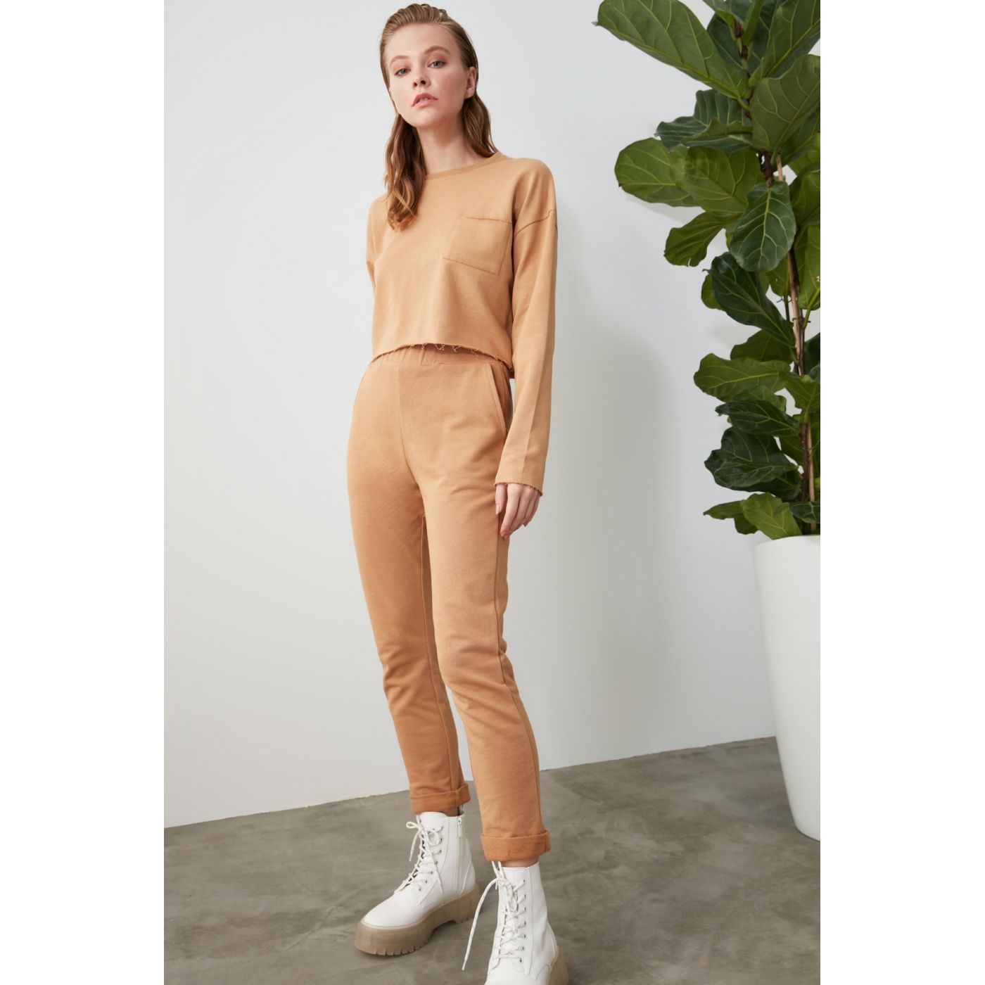 Trendyol Camel 100% Organic Cotton Basic Jogger Knitted Tracksuit bottom