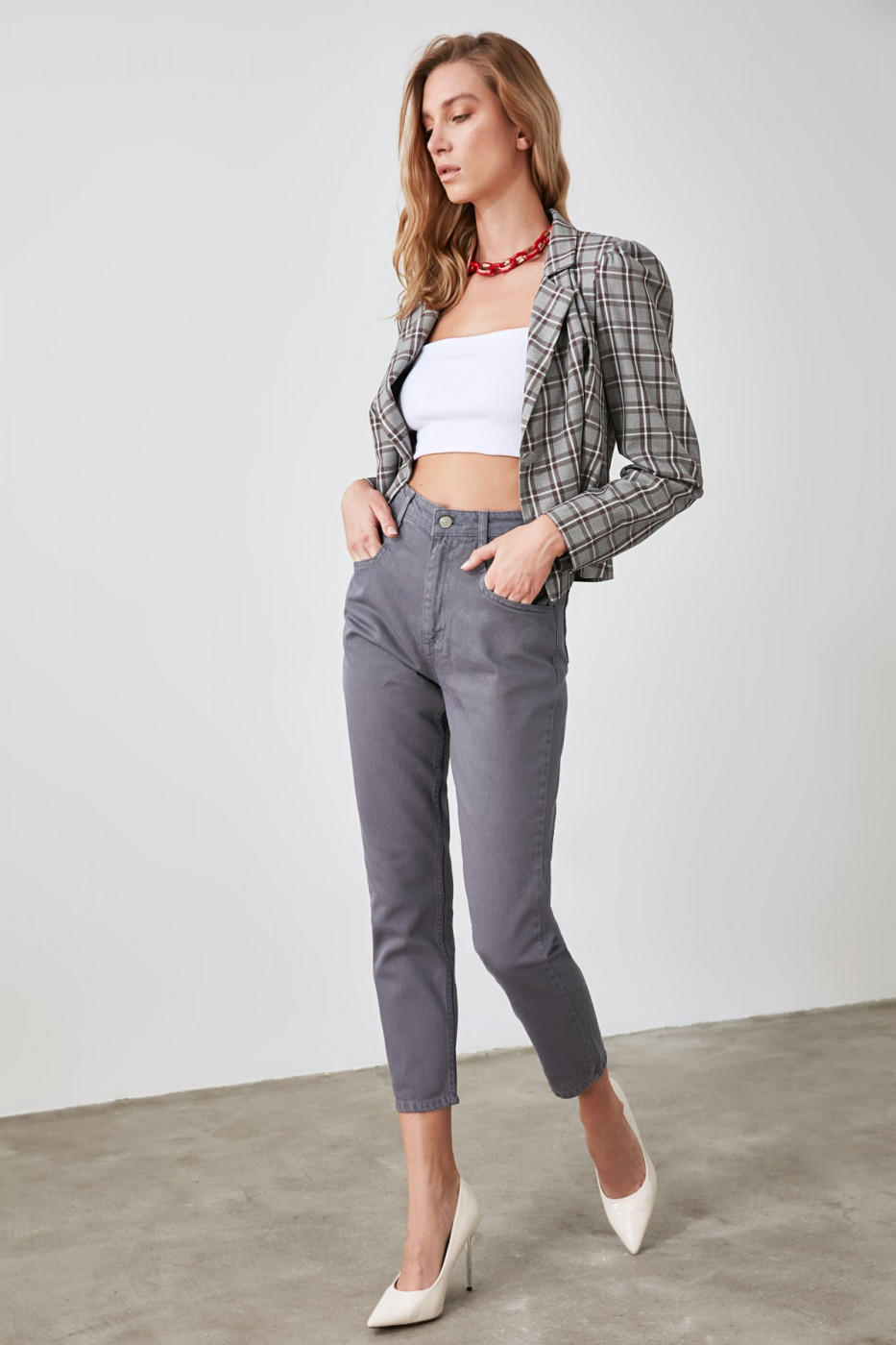 Trendyol Blue Pocket Detailing High Waist Mom Jeans