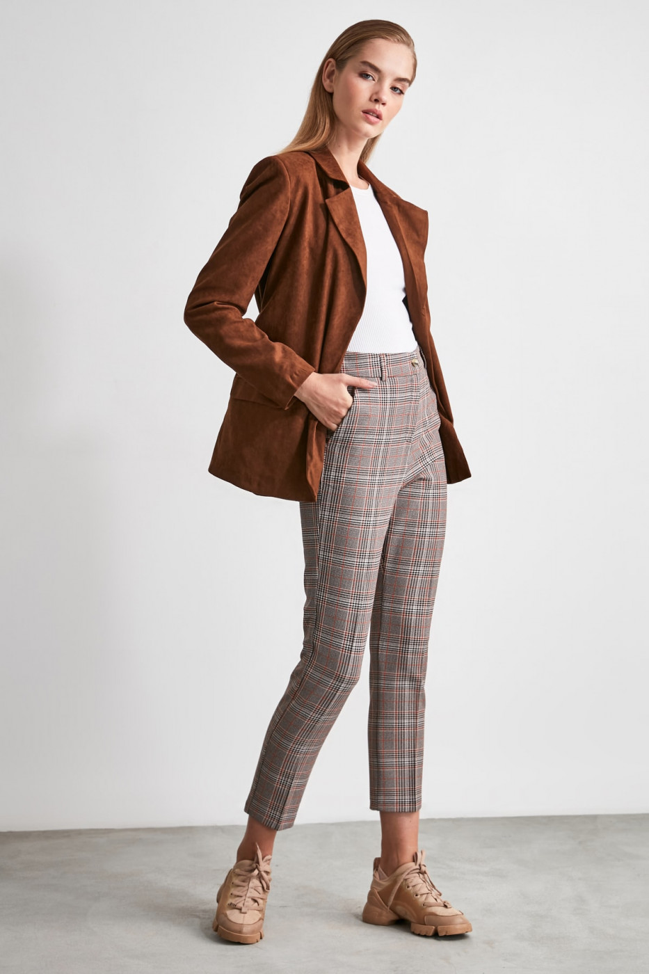 Trendyol Cream Plaid Pants