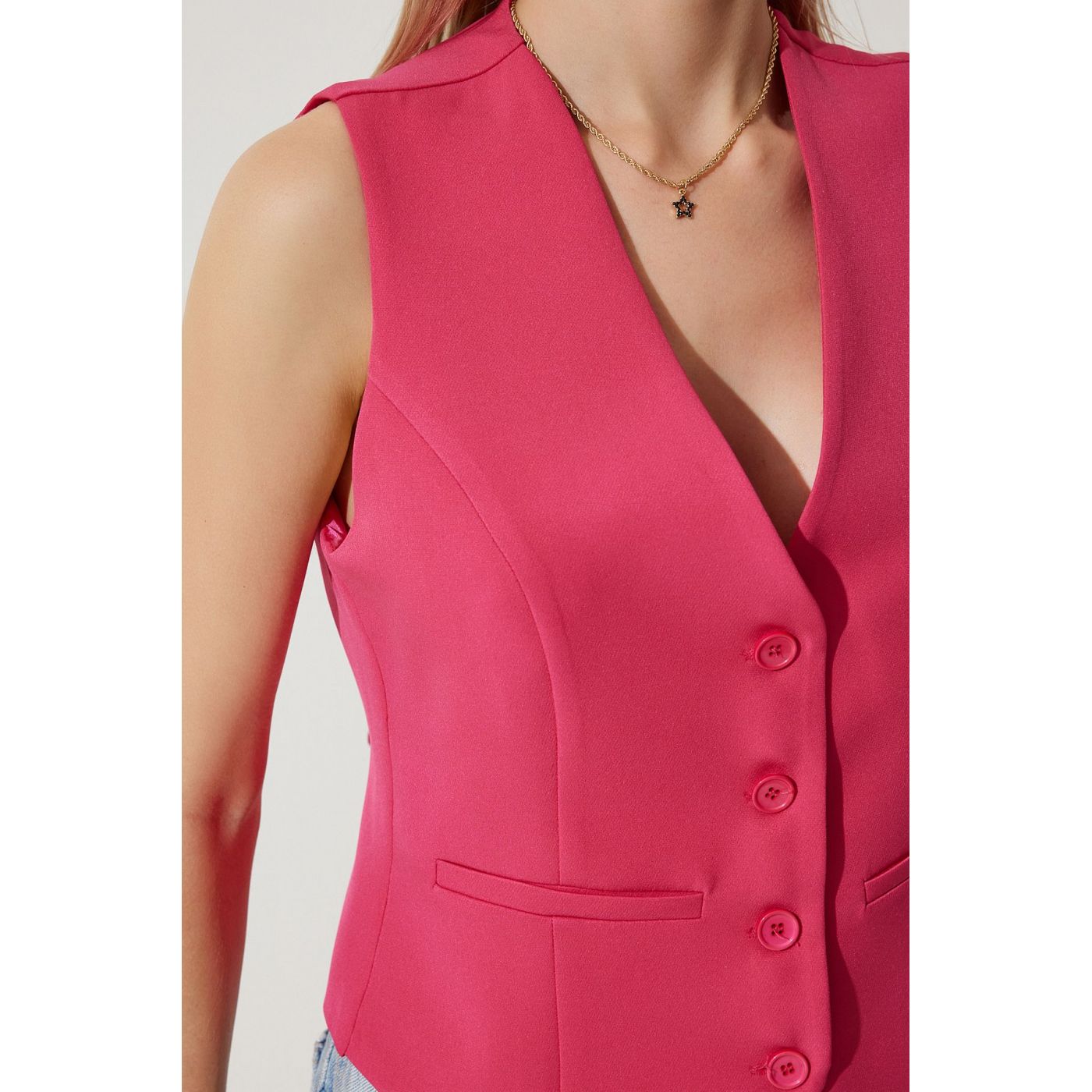 Happiness İstanbul Women's Dark Pink Fitted Short Woven Vest