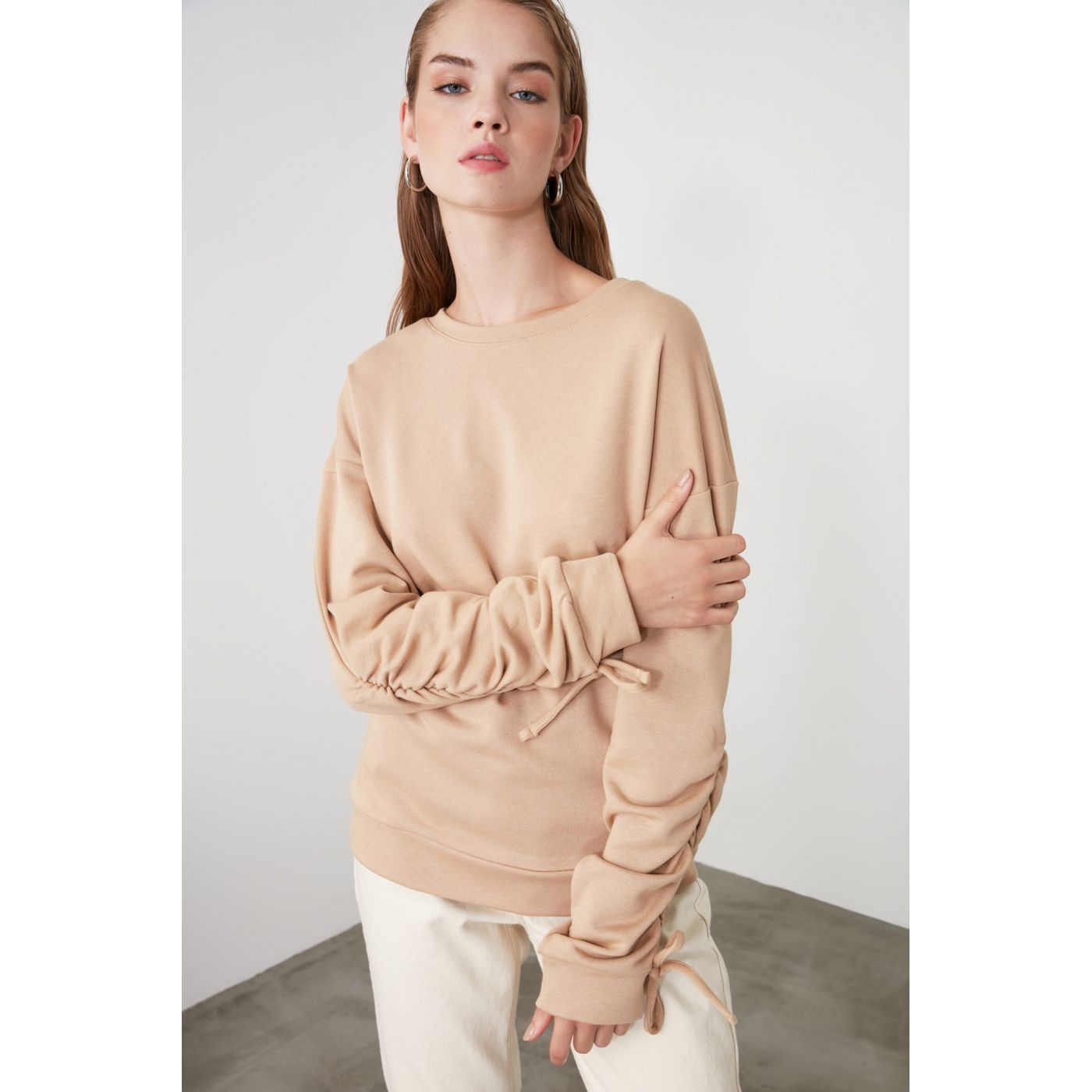 Trendyol Camel Sleeves Detailed Knitted Sweatshirt