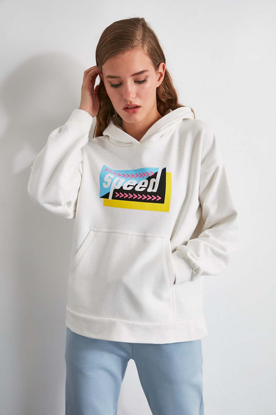 Trendyol White Printed Boyfriend Knitted Sweatshirt