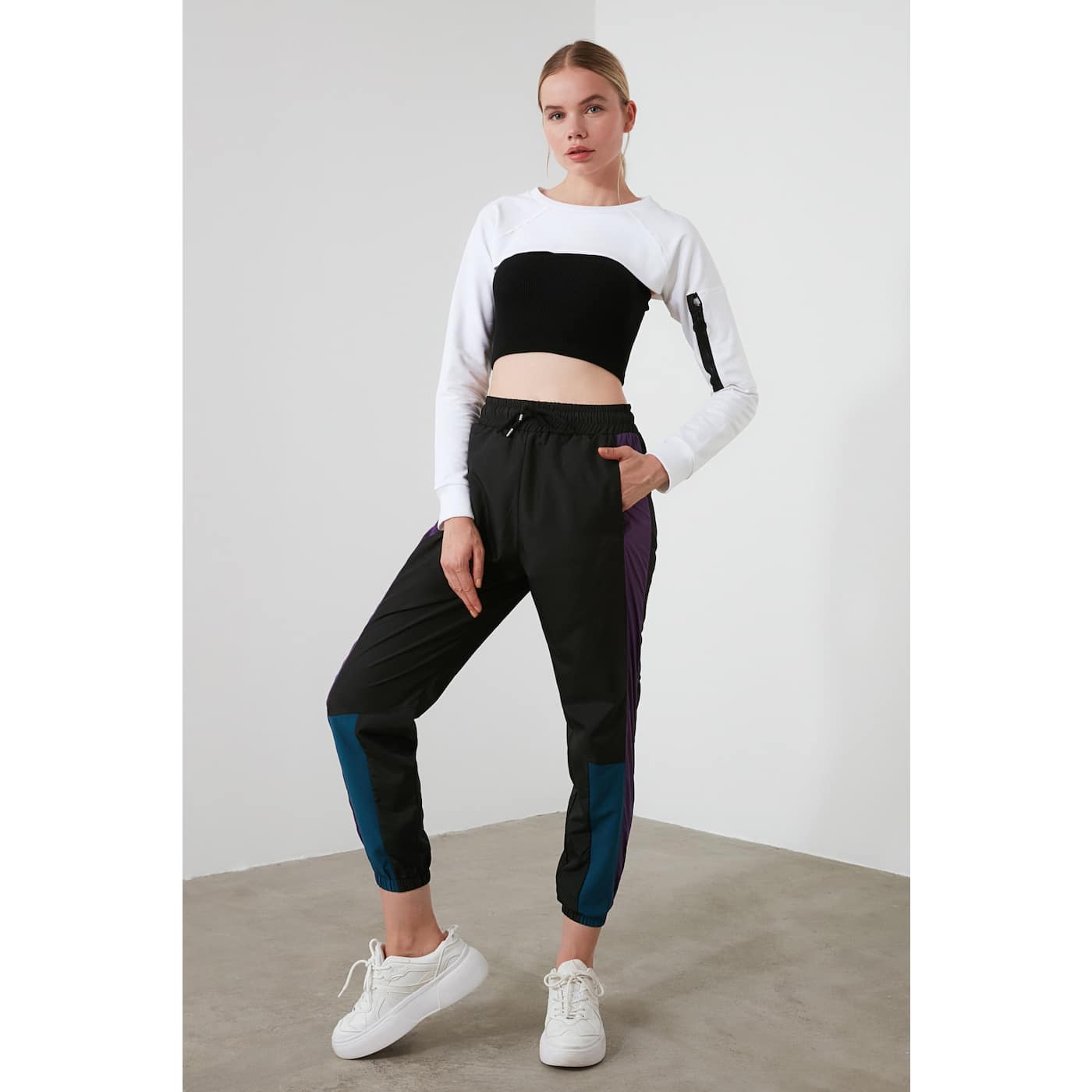 Trendyol Black Color Block Parachute Fabric Sports Tracksuit bottom