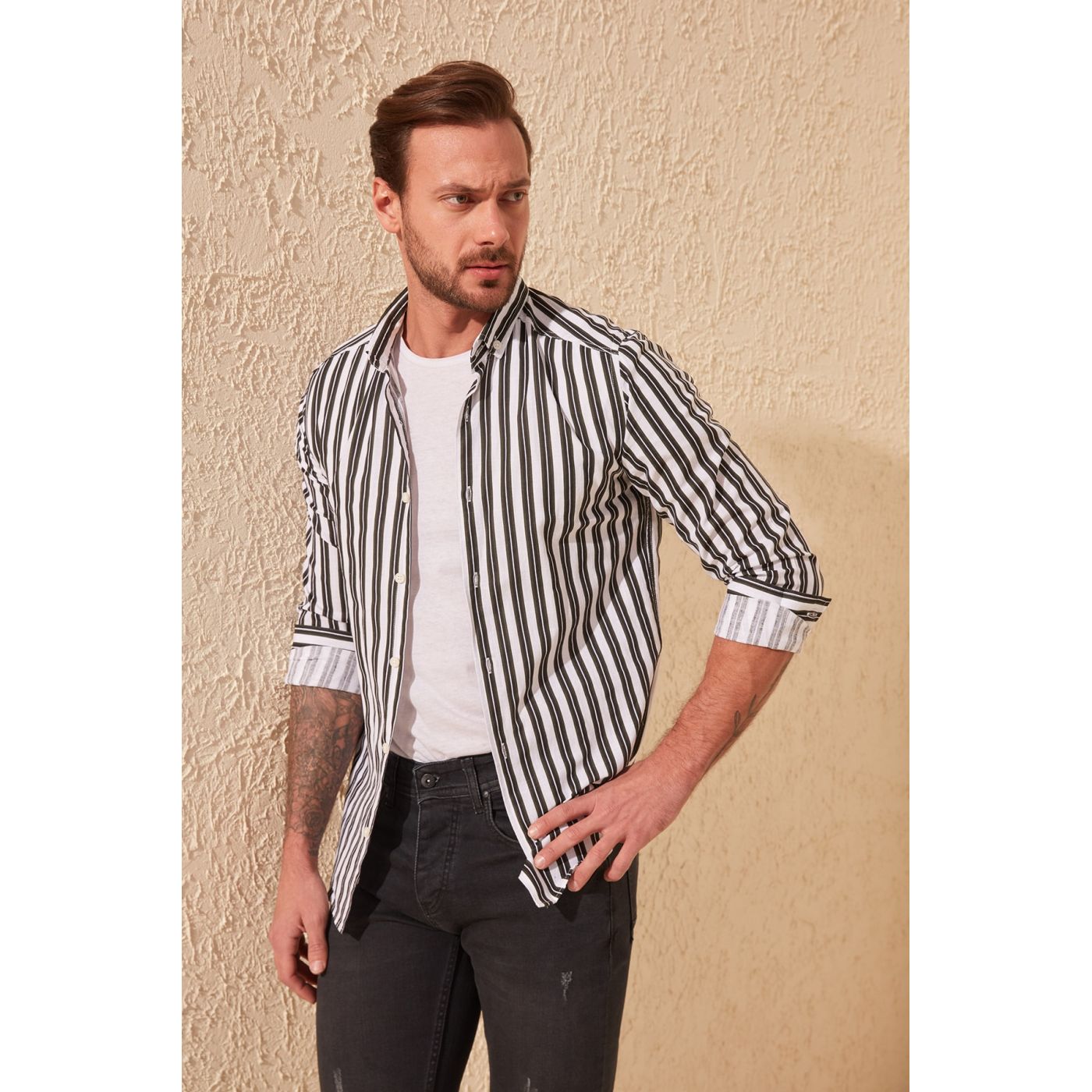 Trendyol Black Men Line Printed Slim Fit Shirt