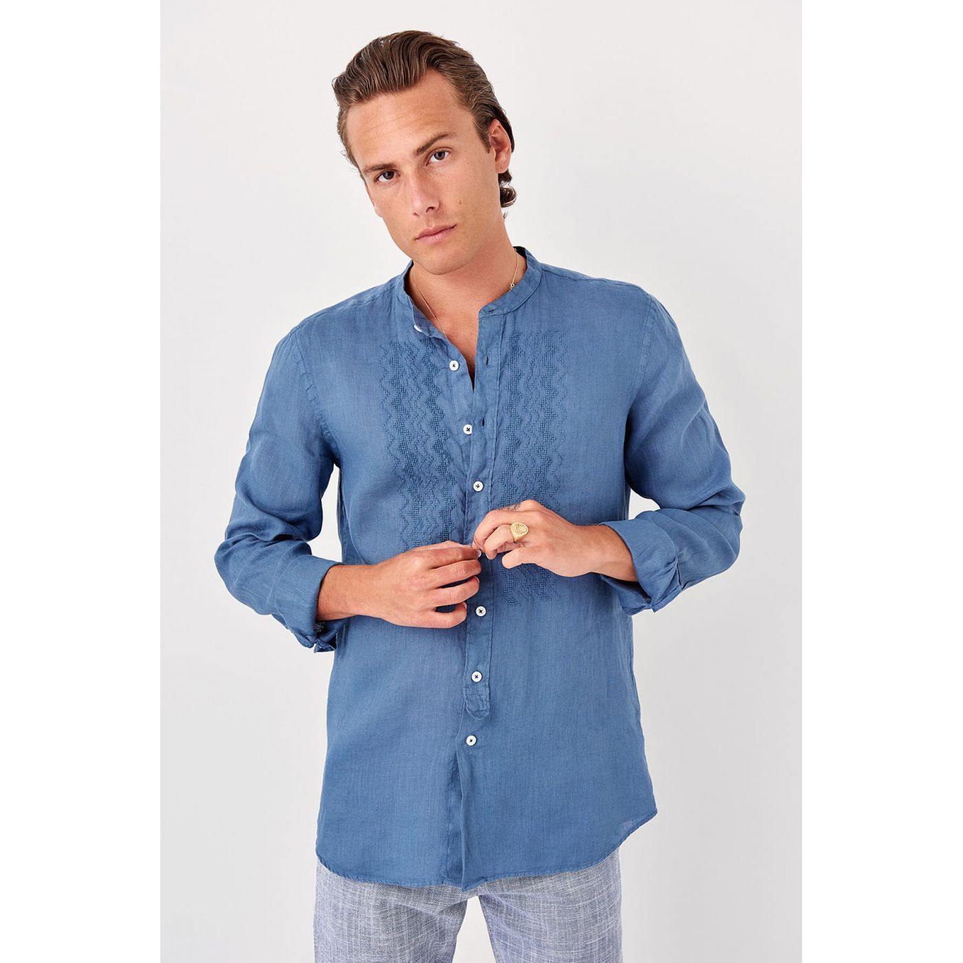 Trendyol Indigo Mens Embroidered Linen judge collar new shirt