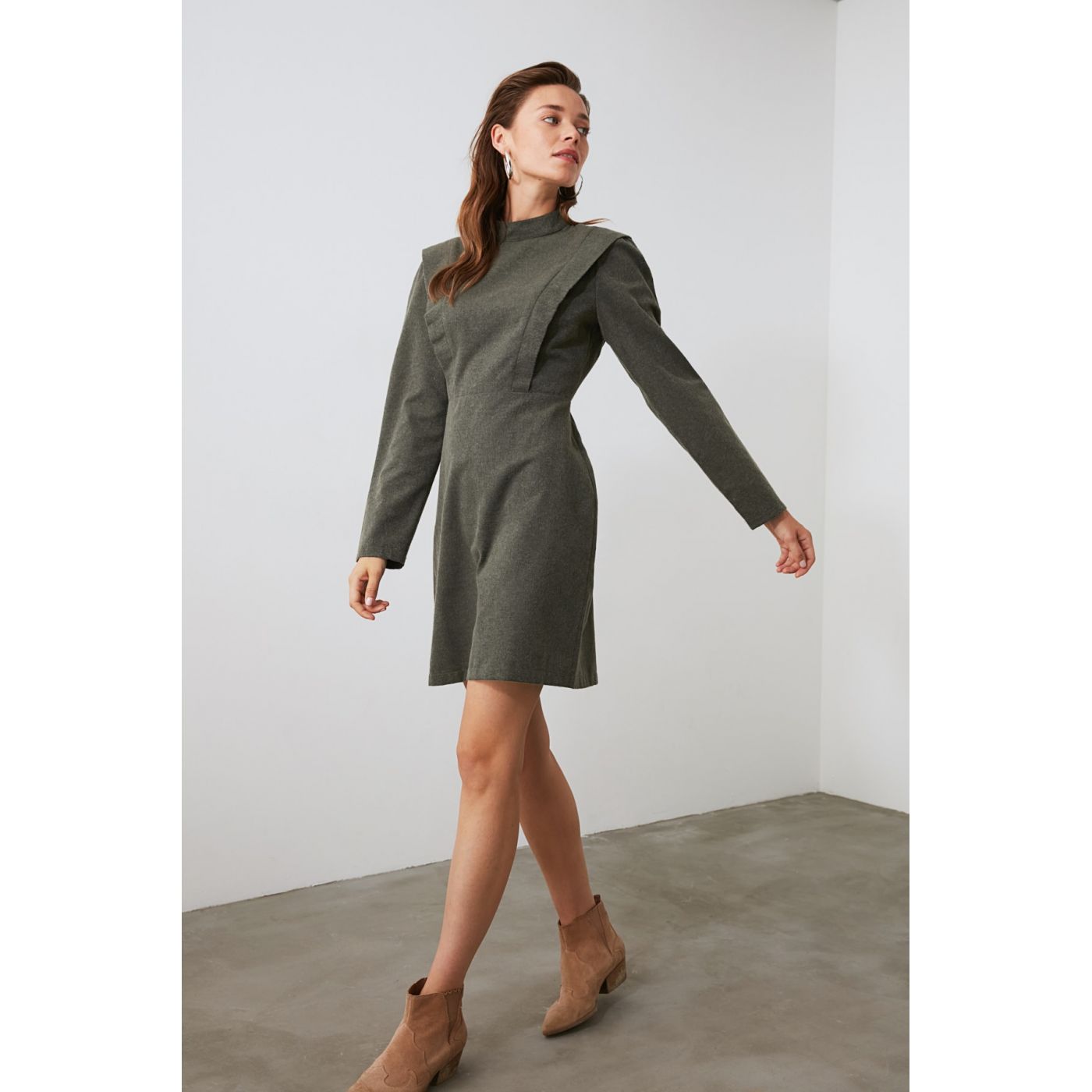 Trendyol Khadi Ruffle Sheer Neckline Dress