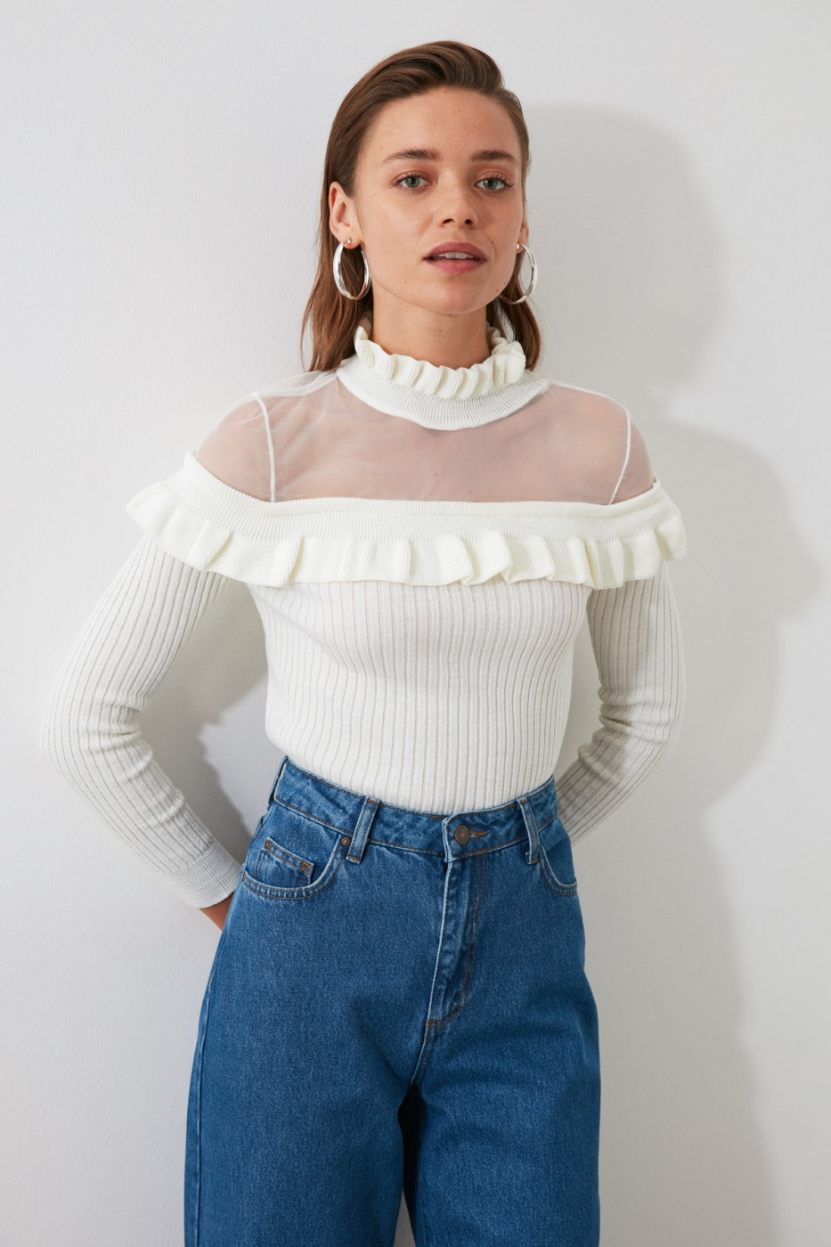 Trendyol Ekru Frilltultul Tulle Detailed KnitWear Sweater