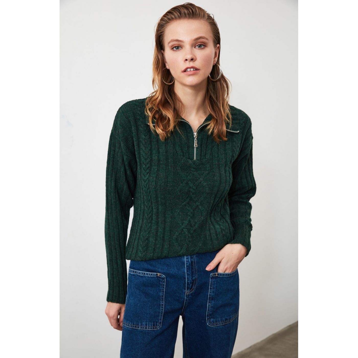Trendyol Green ZipperK Knit Sweater