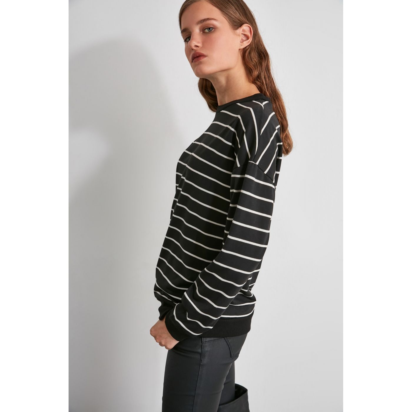Trendyol Black Striped Basic Knitted Sweatshirt