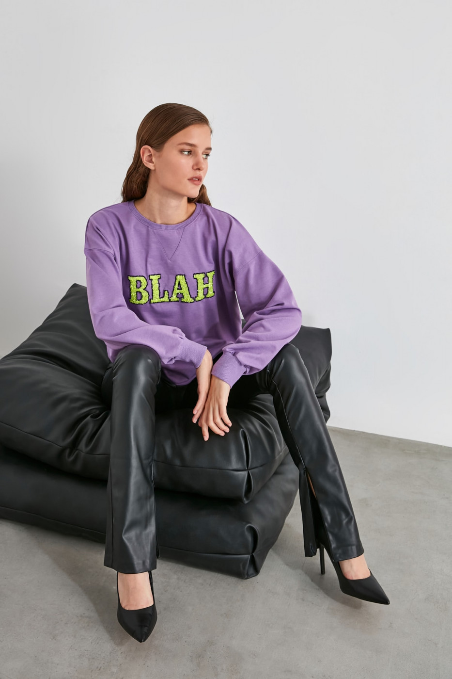 Trendyol Purple Sequined Oversize Knitted Sweatshirt