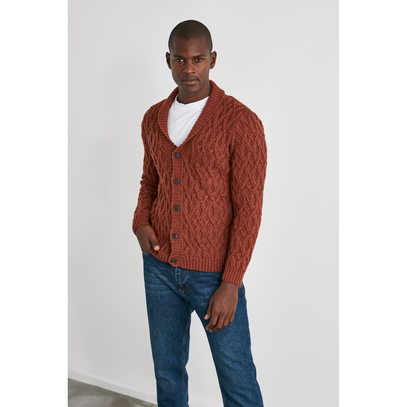 Trendyol Thalk Men's Shawl Collar Hair Braid Cardigan