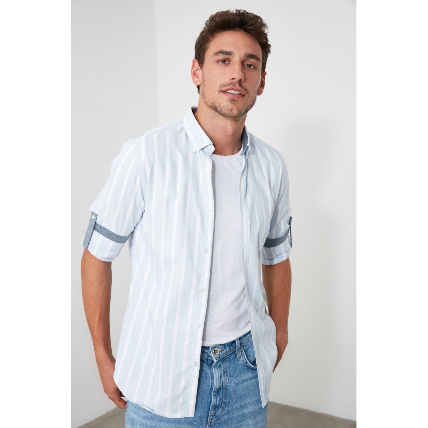 Trendyol Blue Men Striped Slim Fit Shirt