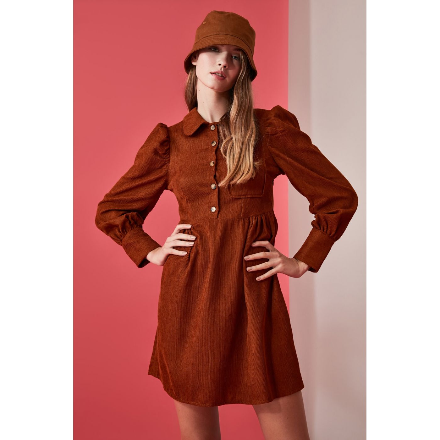 Trendyol Camel Button Detailed Velvet Dress
