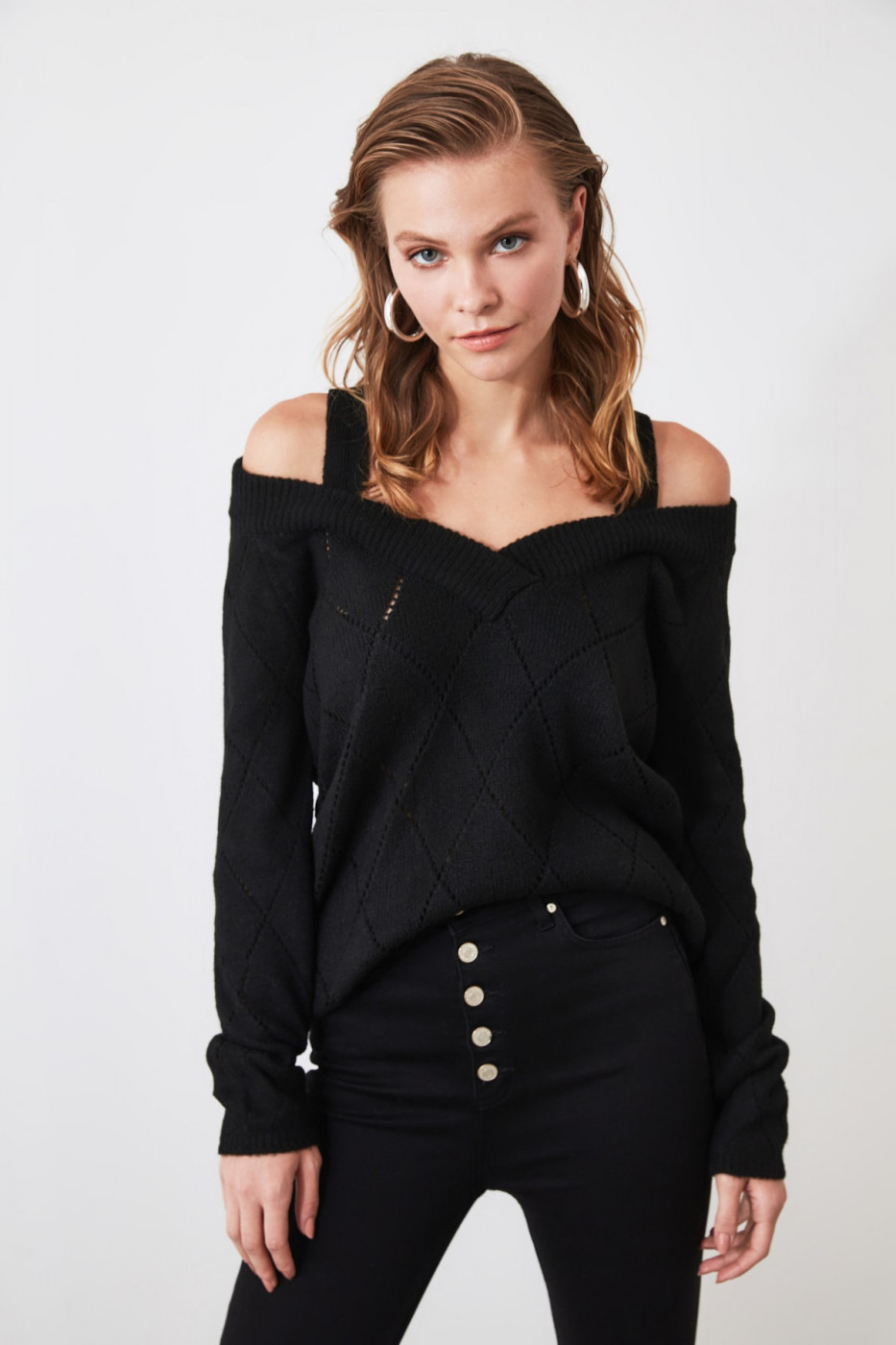 Trendyol Black Shoulder Open Strap Knitwear Sweater