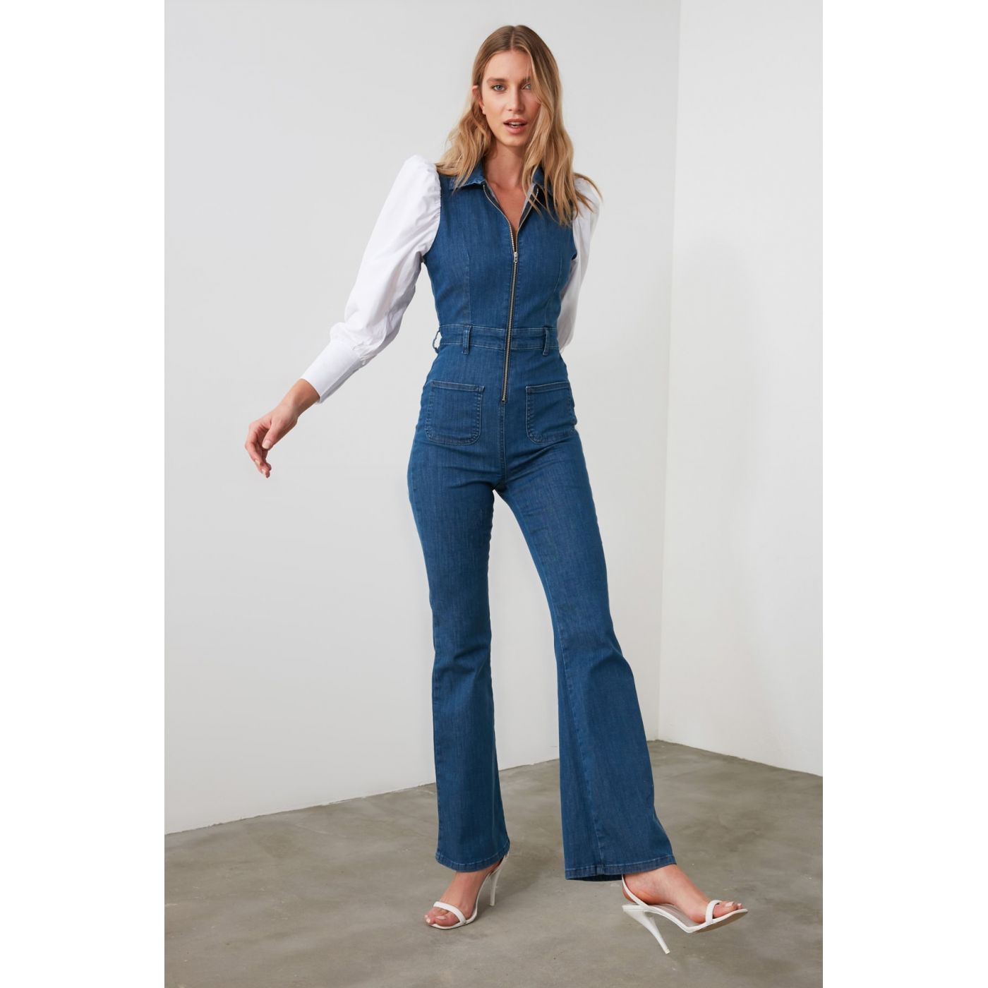 Trendyol Navy Sleeves Poplin Denim Tulum