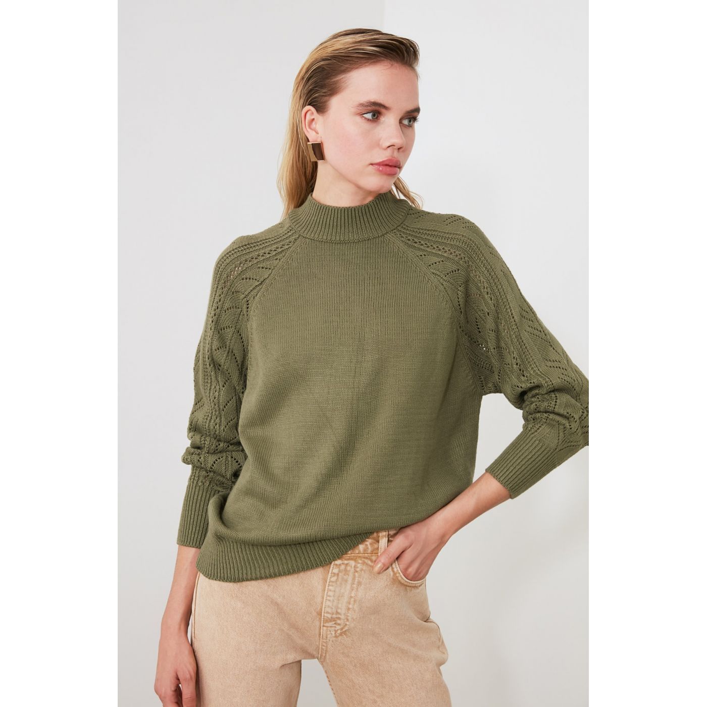 Trendyol Khaki Arms Knitting Detailed Knitwear Sweater