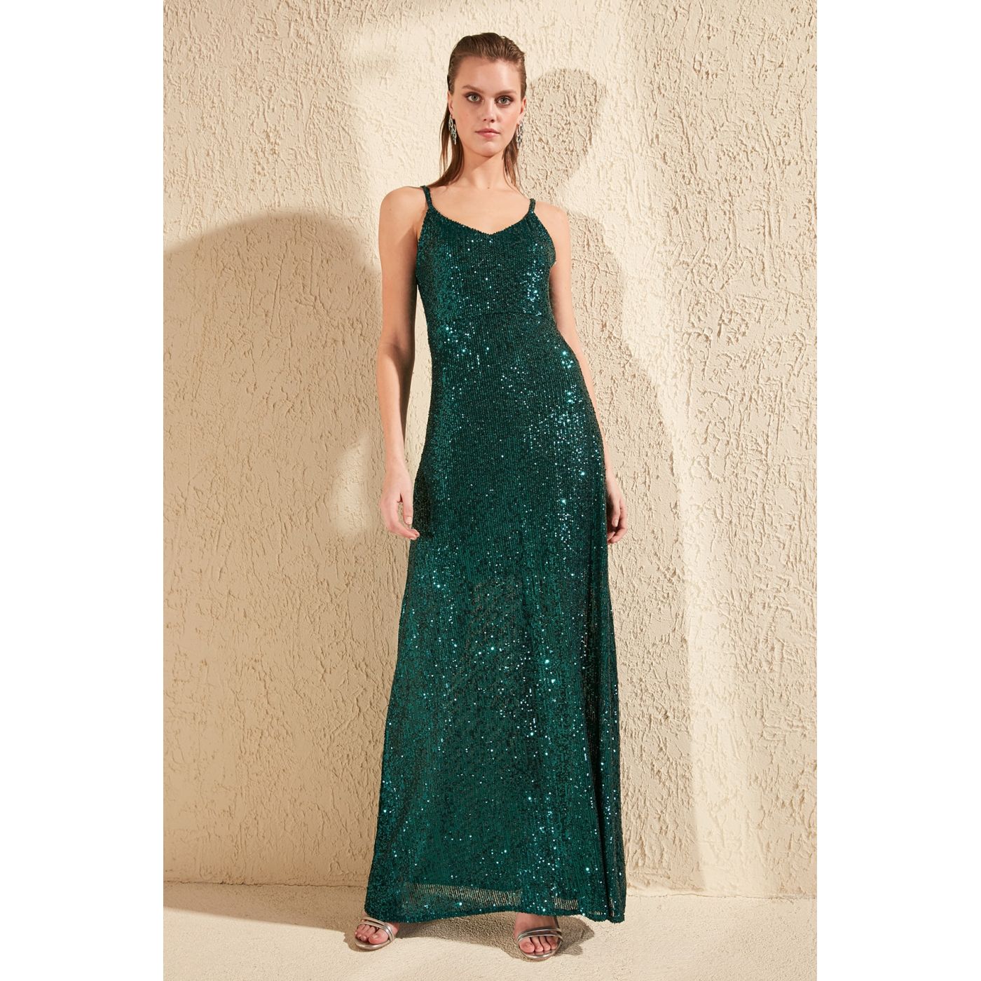 Trendyol Emerald Green Payet Evening Dress