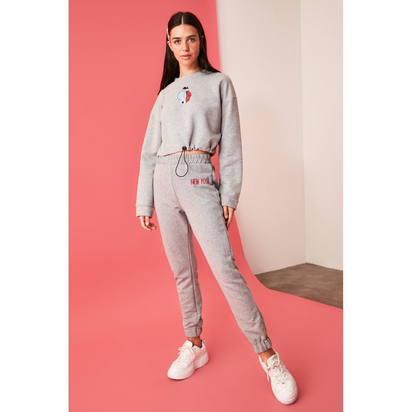 Trendyol Grey Embroidered Knitted Tracksuit Set