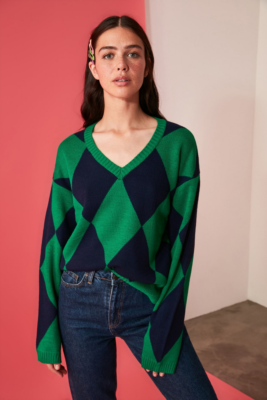 Trendyol Green V Collar Knitwear Sweater
