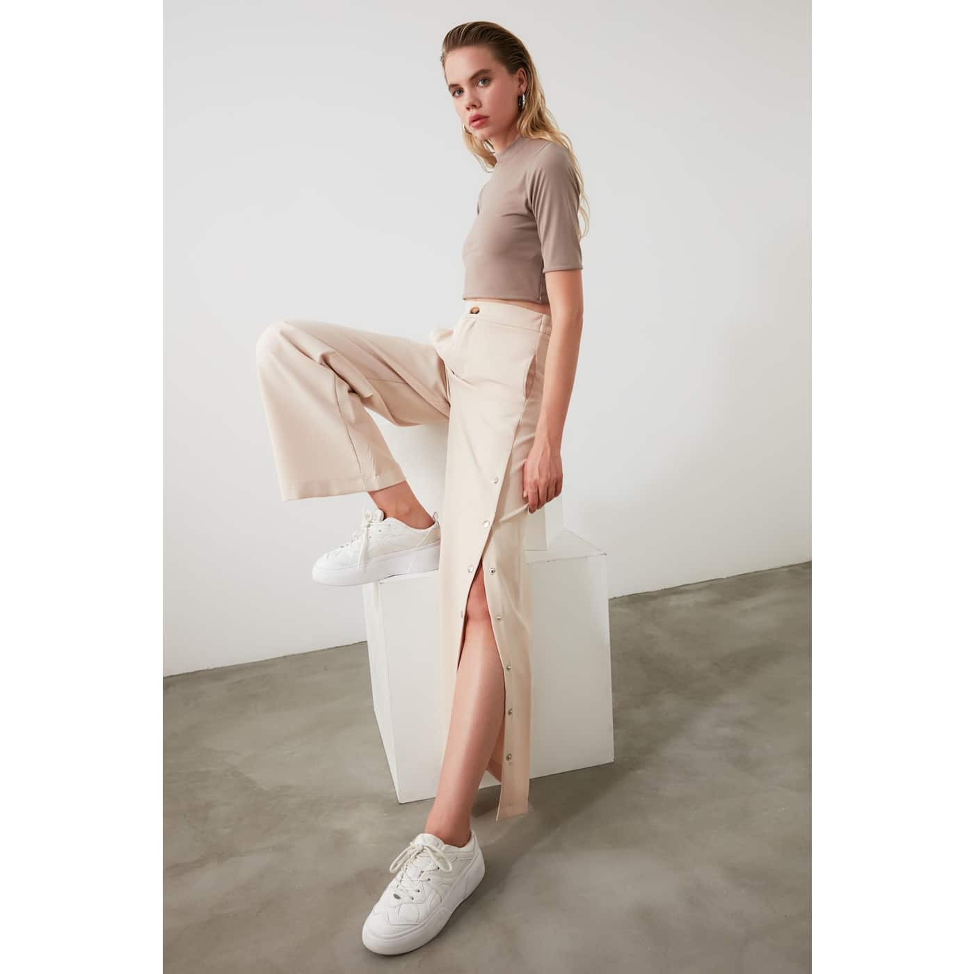 Trendyol Wide Trousers with Press-studs on The Sides of Stone